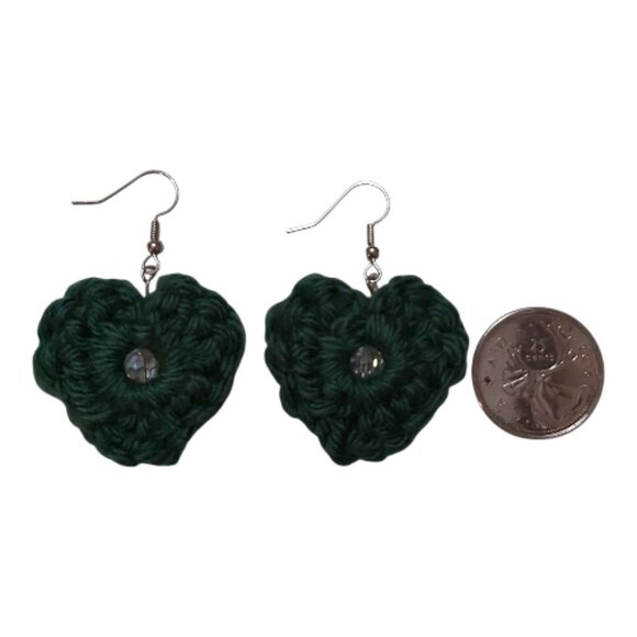 Dark Green Crochet Heart Earrings with Glass Bead • Handmade - Picture 5 of 5